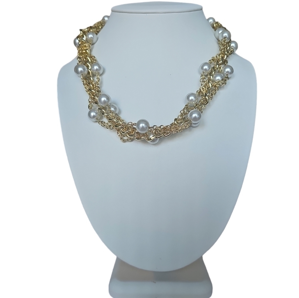 Vintage twisted chain pearl choker gold toned necklace